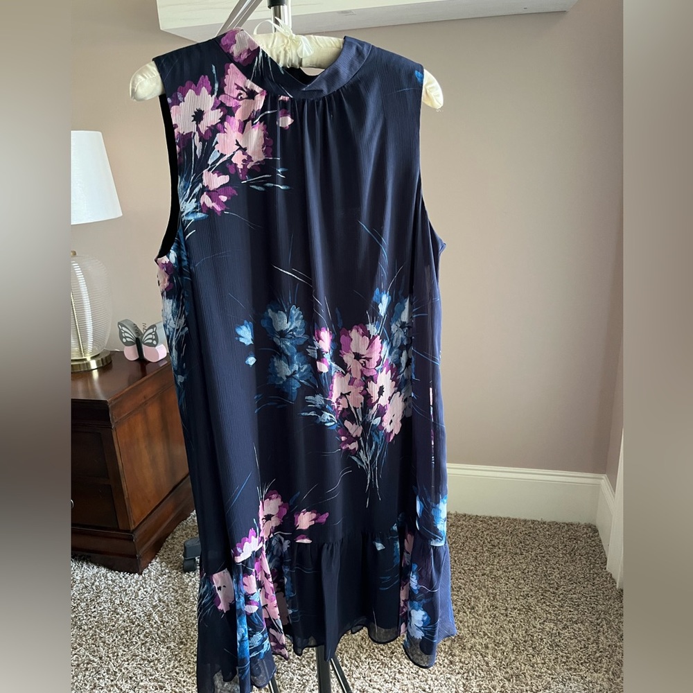 NWT DKNY Navy Floral Sleeveless Swing Dress Sz 14